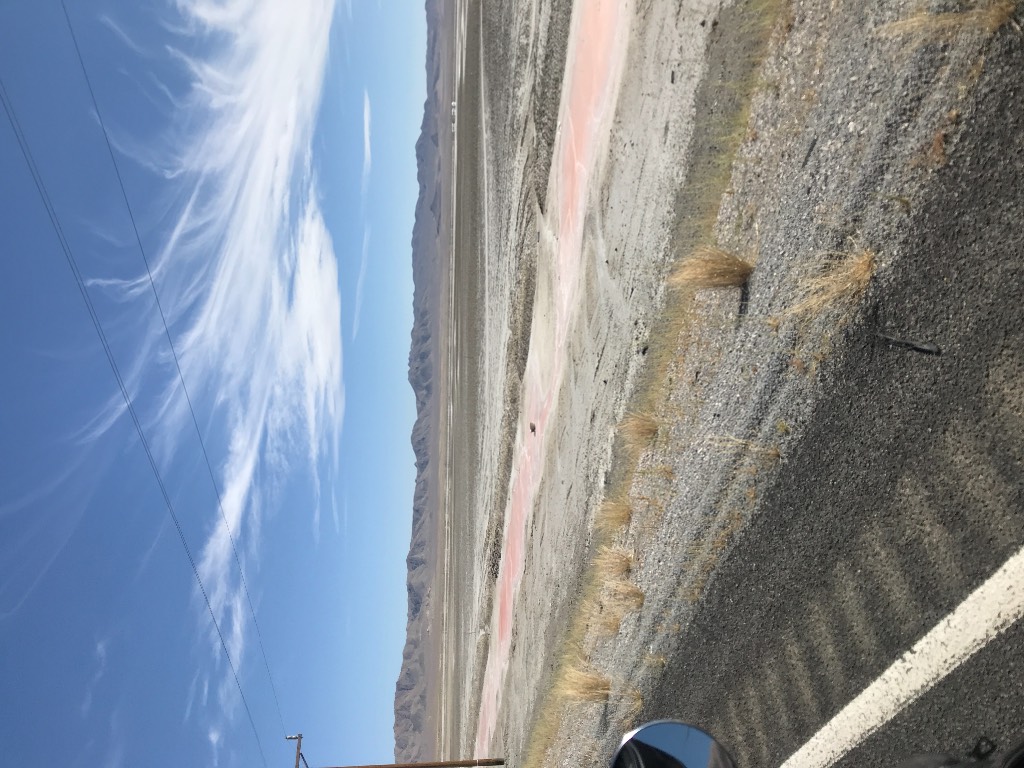 Hot pink salt flats on Hwy 50