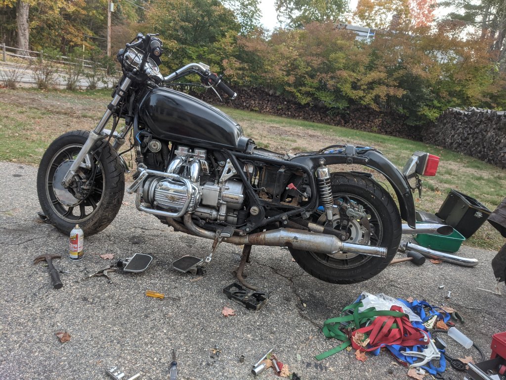 Fairing, bags, and brackets removed. Getting nekkid.