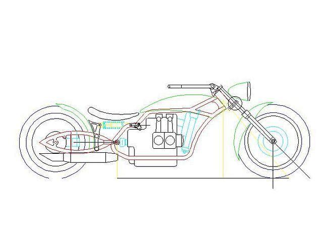 The first CAD scheme to get the proportions right ... front end raked to 45 deg, headstock brought back 5 deg to maintain trail 