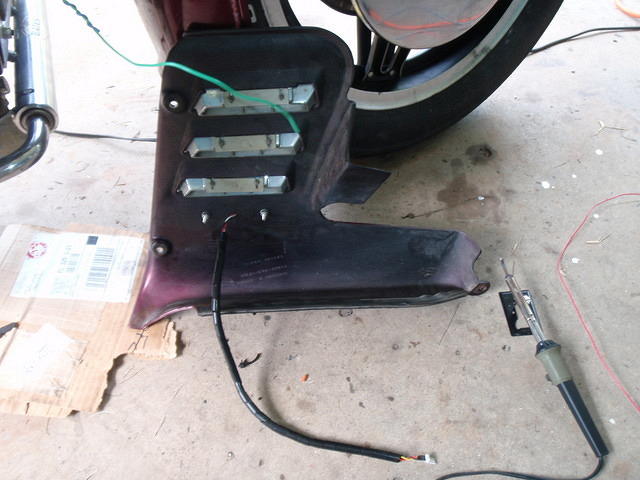 Right side panel wires wrapped, wires from fairing above it awaiting 3-pin connector