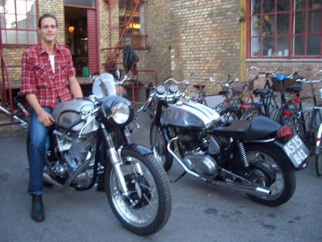 My friend Malte, outside the Brit's place, on his newly restored Norton Featherbed framed bike
