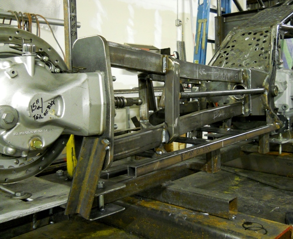 FINALLY-FINISHED SWING ARM WITH FULL WELDS-NOTE ANGLE IRON TACK WELDED TO REAR HUB WILL BE CUT- IT IS ONLY A BRACE-ONE INCH STEE