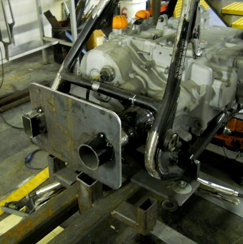 REAR SWING ARM PLATE IN POSSITION FOR NEW WELDS OF SQUARE BAR STEEL SWINGARM EXTENSION