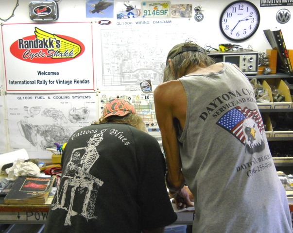 TWO GREAT GUYS- HONDA JOE ON LEFT BUILDS 750 OLD SHCOOL CHOPPERS AND LURCH ON RIGHT IS A TRUE GURU WITH GOLD WINGS