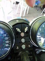 Instrument console bulbs, amber high intensity for turn signals, red, blue, and green; spedo and tach are same as lower three bu