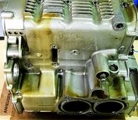 IS THERE A COLUMBO OUT THERE THAT CAN TELL US WHAT THEY THINK THE LARGE DARK STAIN IS RUNNING DOWN THE LEFT SIDE OF THE MOTOR